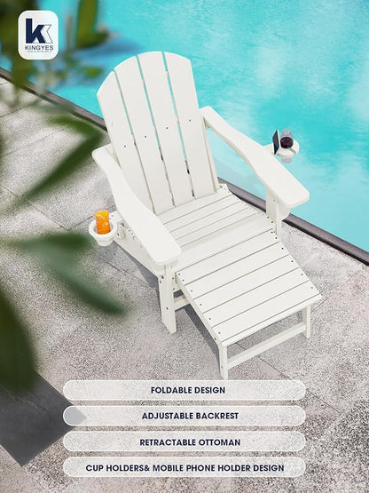 KINGYES Folding Adjustable Adirondack Chair with Ottoman & 2 Cup Holders Set of 4, HDPE Adirondack Recliner Chair with Footrest, White