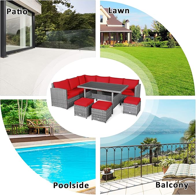COSTWAY 7 PCS Wicker Outdoor Conversation Set, Patio Sectional Furniture Sofa Set with Table & Seat Cushions, Rattan Furniture Sets for Backyard Garden Poolside Porch, Red