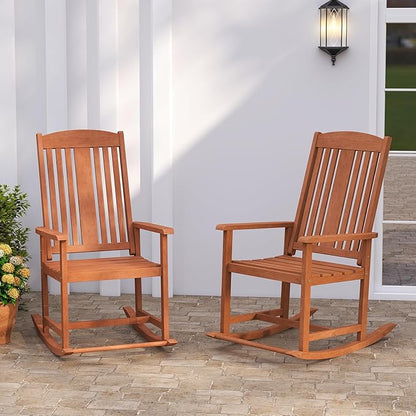 Tangkula Outdoor Patio Wood Rocking Chair, Relaxing Rocker w/High Backrest, Wide Armrests, Curved Seat, for Porch, Patio, Garden, Backyard, 400 LBS Support, Natural (2)