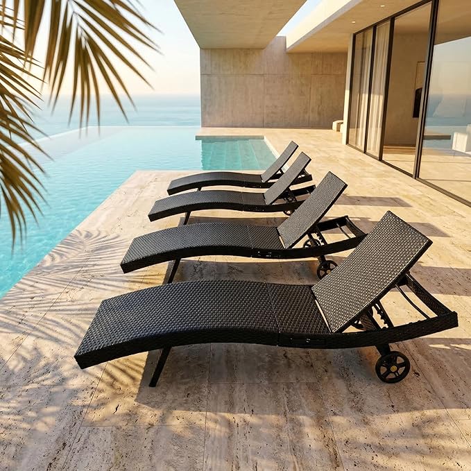 Outdoor Wicker Patio Chaise Lounge Chair with Wheels Set of 4, Black&Brown Rattan Pool Furniture Lounger for Outside Poolside Lounges, Jumbo Co Chaise Lounge Chairs, Wicker Patio Pool Furniture