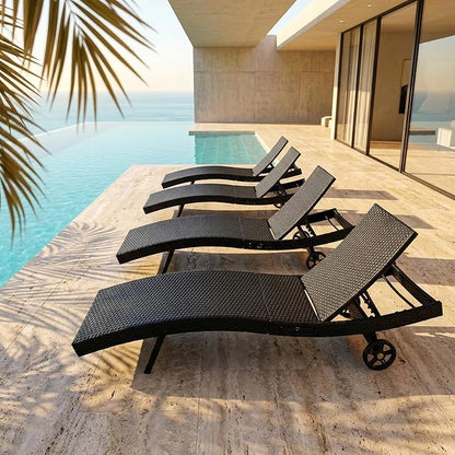 Outdoor Wicker Patio Chaise Lounge Chair with Wheels Set of 4, Black&Brown Rattan Pool Furniture Lounger for Outside Poolside Lounges, Jumbo Co Chaise Lounge Chairs, Wicker Patio Pool Furniture