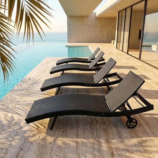 Outdoor Wicker Patio Chaise Lounge Chair with Wheels Set of 4, Black&Brown Rattan Pool Furniture Lounger for Outside Poolside Lounges, Jumbo Co Chaise Lounge Chairs, Wicker Patio Pool Furniture