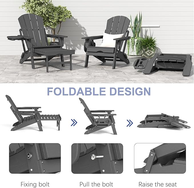 FOOWIN Adirondack Chair with Retractable Ottoman,HDPE Folding Adjustable Adirondack Chair w/4 in 1 Cup Holder Trays,All-Weather Resistant Fire Pit Chair for Outdoor Patio Lawn Set of 8