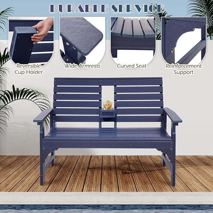 HDPE Outdoor Bench with Cup Holders, All Weather Garden Bench Suitable for 2-3 Person, Patio Benches Furniture with High Backrest and Wide Armrests for Front Porch, Garden, Backyard and Park, Blue