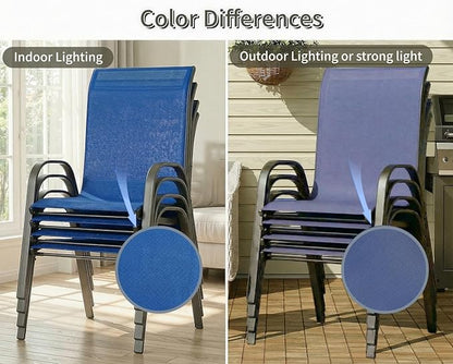 MAMIZO Patio Dining Chairs, Stackable All Weather Teslin Chair, Heavy Duty Outdoor Breathable Chairs Set, w/Armrests, Upgraded Chair FeetW/Strenthened Iron Spacers, 330 LBS (8, Navy Blue)