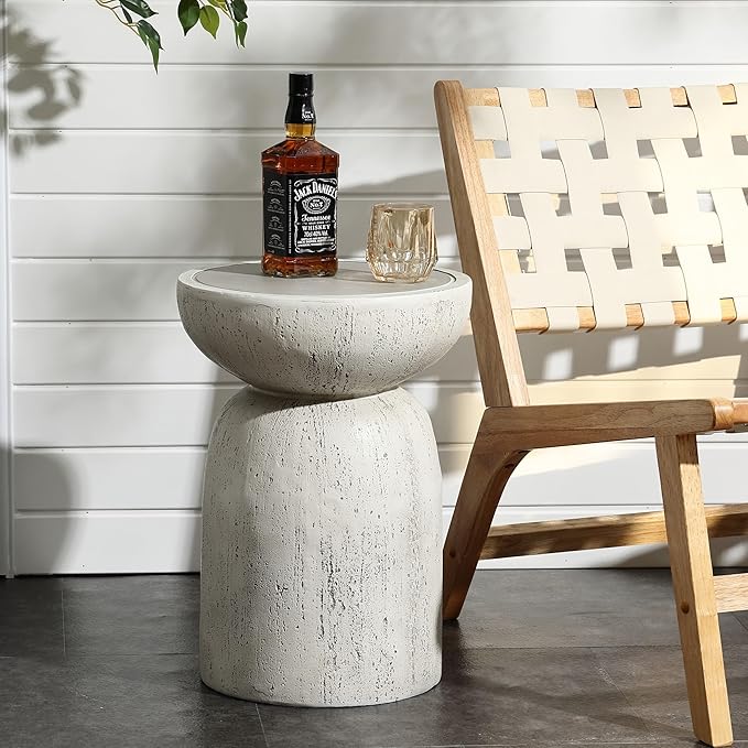 LuxenHome Rustic Outdoor Side Table, 20 Inch Concrete End Tables for Patio,Off White and Gray Weathered Round Table, Small Accent Table for Indoor Outdoor Use, Decorative Garden Stool