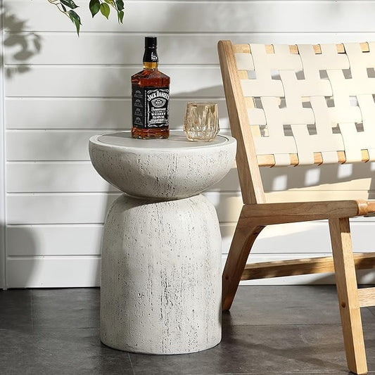 LuxenHome Rustic Outdoor Side Table, 20 Inch Concrete End Tables for Patio,Off White and Gray Weathered Round Table, Small Accent Table for Indoor Outdoor Use, Decorative Garden Stool