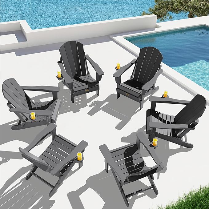 SERWALL Folding Adirondack Chair with Cup Holder Set of 6, Weather Resistant HIPS Lawn Chairs, Wooden Textured - Photo 1