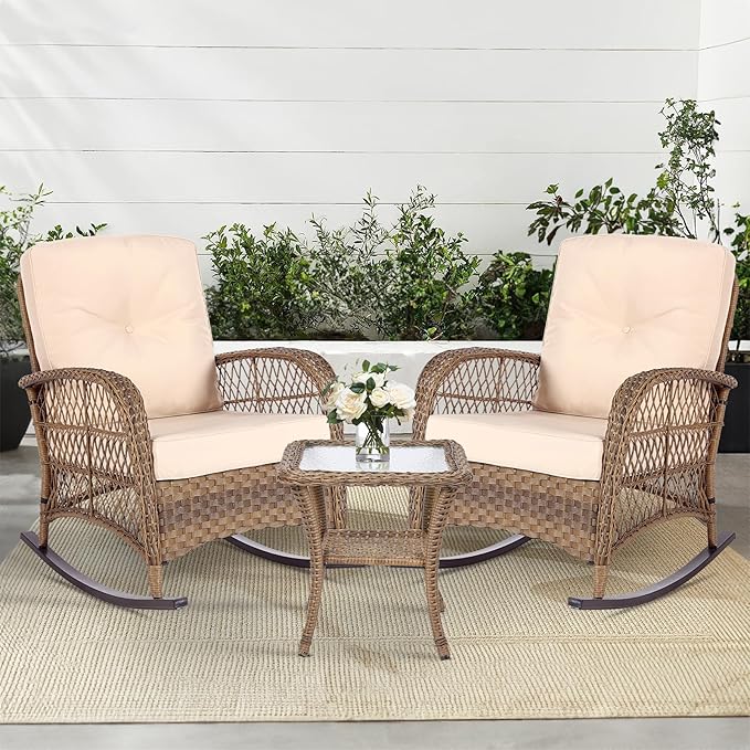 MEETWARM 3 Pieces Outdoor Wicker Rocking Chair Set - Photo 1