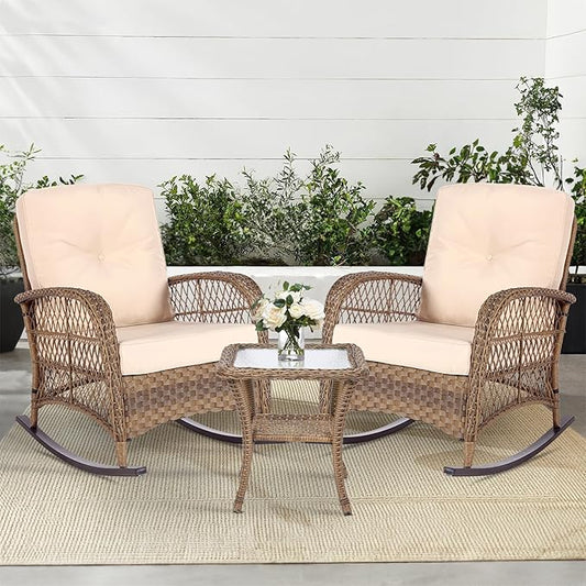 MEETWARM 3 Pieces Outdoor Wicker Rocking Chair Set, Rattan Patio Rocker Chairs Set with Cushions and Glass-Top Coffee Table, Conversation Bistro Set for Porch & Backyard - Beige