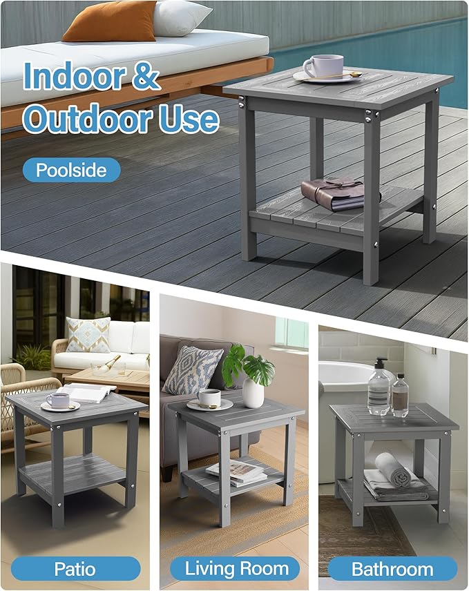 YEFU Outdoor Side Table for Patio: 16x16 in HIPS Small Square Outdoor End Table - 2-Tier Adirondack Tables for Patio Porch Poolside Living Room Beach Bedroom, Grey