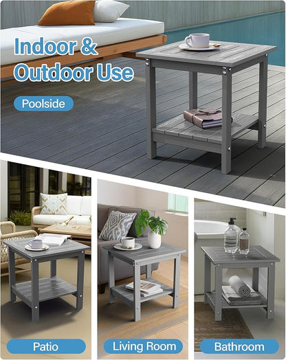 YEFU Outdoor Side Table for Patio: 16x16 in HIPS Small Square Outdoor End Table - 2-Tier Adirondack Tables for Patio Porch Poolside Living Room Beach Bedroom, Grey
