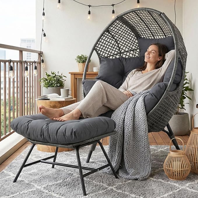 NICESOUL Patio Egg Chair with Ottoman, Indoor Outdoor Egg-Shell Lounge Chair, Cozy Oversized Round Circle Chair, Boho Rattan Egg-Shaped w/Cushion for Living Room, Balcony, Porch, Gray