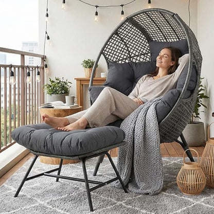 NICESOUL Patio Egg Chair with Ottoman, Indoor Outdoor Egg-Shell Lounge Chair, Cozy Oversized Round Circle Chair, Boho Rattan Egg-Shaped w/Cushion for Living Room, Balcony, Porch, Gray