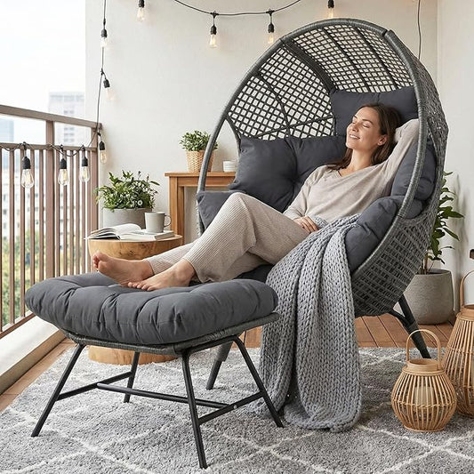 NICESOUL Patio Egg Chair with Ottoman, Indoor Outdoor Egg-Shell Lounge Chair, Cozy Oversized Round Circle Chair, Boho Rattan Egg-Shaped w/Cushion for Living Room, Balcony, Porch, Gray