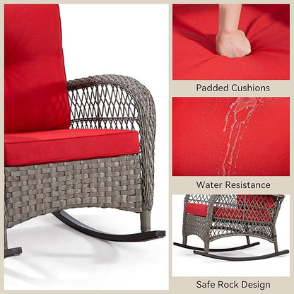 Patio Rocking Chair - Outdoor Rocker Chair with Safe Rocking Design, Metal Frame All Weather Wicker and Premium Fabric Cushions (Mixed Brown/Red)