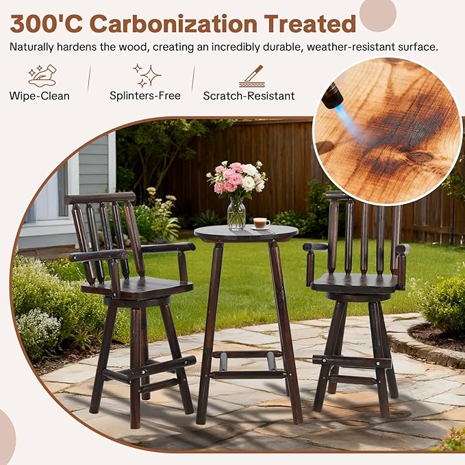 HOMEDIARY 3 Piece Outdoor Swivel Adirondack Bar Set, 41.9" Patio Log Bar Height Table & 2 Bar Stools with High Back - Photo 8