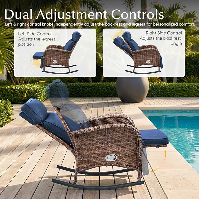 Belord 3 Piece Wicker Patio Furniture Set - Outdoor Swivel Rocker Recliner Chair with Adjustable Backrest & Footrest, All Weather Reclining Lounge Chair with Thick Cushion for Pool Deck Garden Blue
