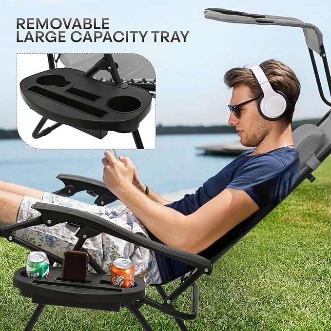 Athena Collection Patio Chairs Set of 2 Reclining Lounge Chair with Cup Holder and Pillow Fabric Camping Chairs with Canopy Foldable Beach Chairs for Garden, Park, Deck, Yard, Poolside, Grey
