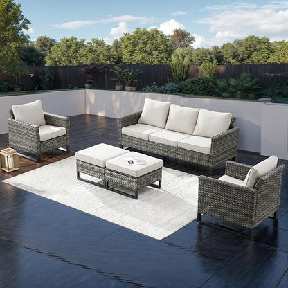 Rilyson Wicker Outdoor Patio Furniture Set - 5 Piece Patio Conversation Set with 2 Wicker Armrest Chairs,2 Rattan Ottoman and 1 Couch for Outside Porch Deck Backyard Garden(Mixed Grey/Beige)