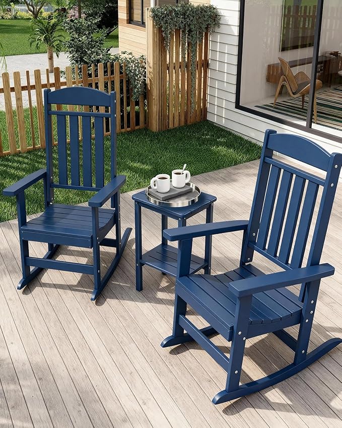 3-Piece Outdoor Rocking Chair Set, Oversized Porch Rocking Chair Set of 2 with Side Table, HDPE High Back Patio Rocking Chair, Suitable for Patio, Porch, Backyard, Navy Blue