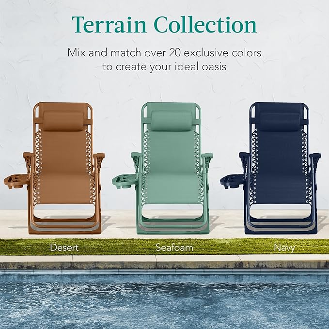 Best Choice Products Adjustable Zero Gravity Chair, Monochromatic Color Folding Patio Recliner w/Side Tray, Headrest - Seafoam
