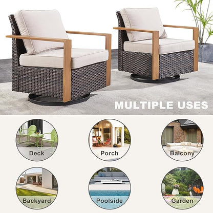 Rilyson Outdoor Wicker Patio Furniture Set - 4 Piece Patio Conversation Set with 2 Wicker Swivel Rocker Chairs,2 Rattan Ottoman, Thick Cushions, Deep Seating, Wide Armrest(Brown/Beige)