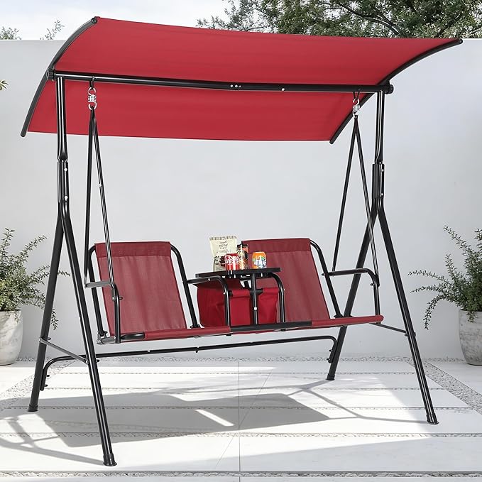 Porch Swing with Cup Holders & Pivot Storage Table & Cooler Bag with Adjustable Canopy for 2 Person Patio Swing for - Photo 1