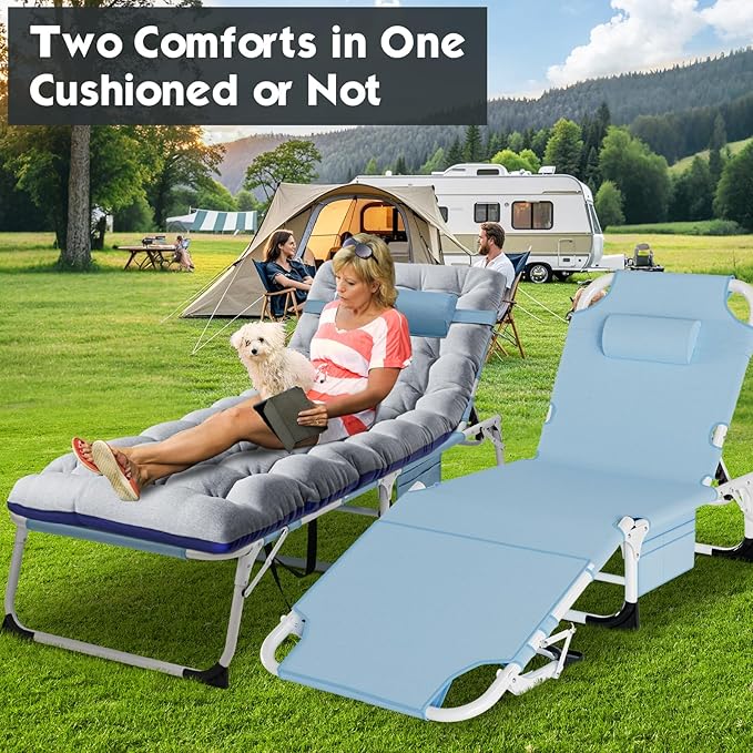 MOPHOTO Oversized Beach Lounge Chair, 5-Position Adjustable Tanning Chair with Face Hole, Heavy Duty Folding Chaise Lounge for Beach, Pool, Patio & Sunbathing