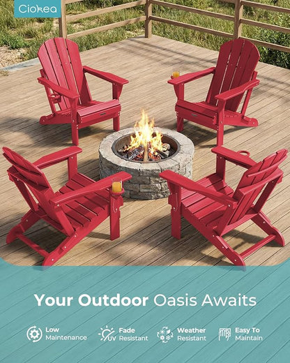 Ciokea Folding Adirondack Chair Wood Texture, Patio Adirondack Chair Weather Resistant, Plastic Fire Pit Chair with Cup Holder, Lawn Chair for Outdoor Porch Garden Backyard Deck (Red)