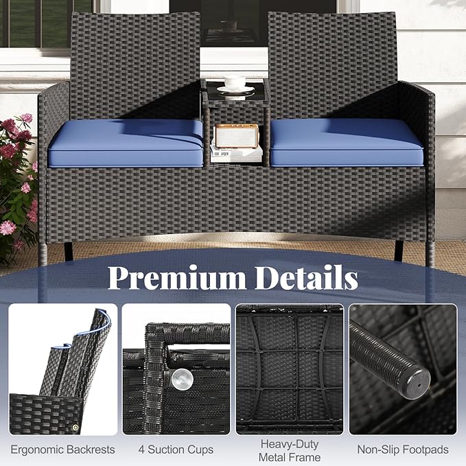 Tangkula Patio Loveseat with Built-in Table, Wicker 2-Seat Furniture with Soft Cushions & Tempered Glass Tabletop, Metal Frame Outdoor Conversation Seating Bench for Backyard, Porch