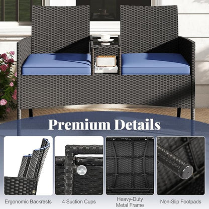 Tangkula Patio Loveseat with Built-in Table, Wicker 2-Seat Furniture with Soft Cushions & Tempered Glass Tabletop, Metal Frame Outdoor Conversation Seating Bench for Backyard, Porch