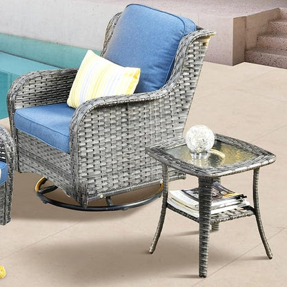 ovios Outdoor Patio Side Table with Tempered Glass Top, 2-Layer Storage Wicker Coffee Tables for Garden Porch Yard Deck Balcony, Grey Rattan