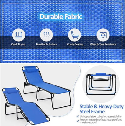 Giantex Patio Chaise Lounge Chair - 16” High Folding Tanning Chair with Removable Headrest, 4-Gear Backrest, 2-Position Anti-Skid Foot-Pads, Sunbathing Beach Chair, Set of 2 Camping Cot, Navy