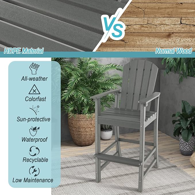Giantex Outdoor HDPE Bar Stool, Tall Adirondack Chair with Armrests and Footrest, 30 Inches Counter Height Bar Stool for Garden, Backyard, Weather Resistance, Easy Maintenance (1, Gray)