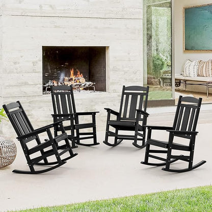 LUE BONA Outdoor Rocking Chairs Set of 4, Weather Resistant HDPS Poly Rocker Chairs, 350lb Heavy Duty, Oversized Porch Rocker for Adult, High Back Smooth Rocking Chairs for Outdoor & Indoor, Black
