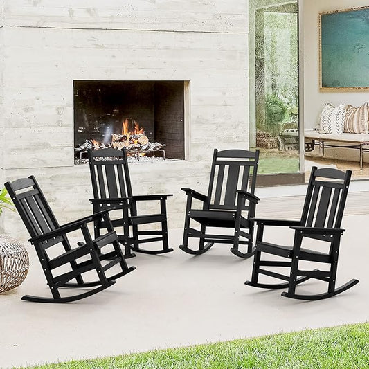 LUE BONA Outdoor Rocking Chairs Set of 4, Weather Resistant HDPS Poly Rocker Chairs, 350lb Heavy Duty, Oversized Porch Rocker for Adult, High Back Smooth Rocking Chairs for Outdoor & Indoor, Black