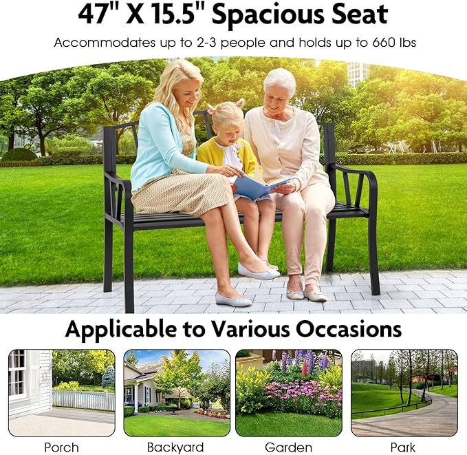 Giantex Garden Bench for Outside 51 Inch, Outdoor Bench with Metal Frame, Patio Metal Bench with Backrest, Armrests and Slatted Seat for Park, Porch, Backyard, 660 lbs Max Load, Black