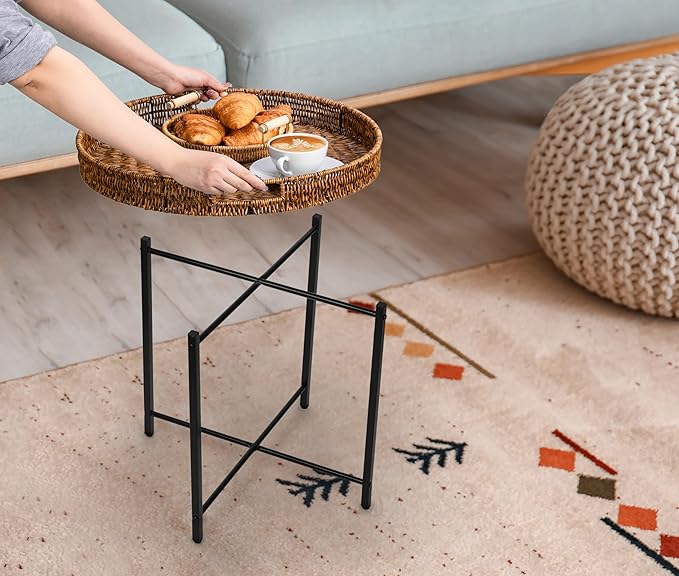 Brown Small Round End Table, 19in Rattan End Tables, Wicker Rattan Side Table, Round Sofa Side Table - Photo 5