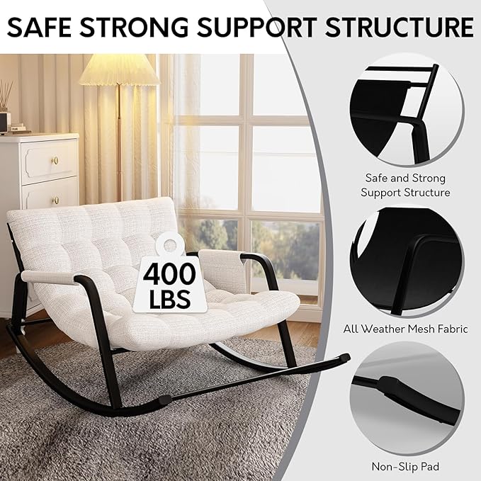 Indoor Outdoor Patio Rocking Chairs, Papasan Rocking Chairs, Double Papasan Chair with Cushion, Oversized Modern Rocker Chairs for Living Room, Bedroom, Porch, Garden Beige