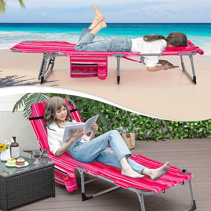 Giantex Set of 2 Tanning Chair, 5-Position Adjustable Beach Chair with Face & Arm Hole, Hand/Shoulder Strap, Removable Pillow, Side Pocket, Load 330 Lbs, Sunbathing Chairs, Lounge Chairs Outdoor