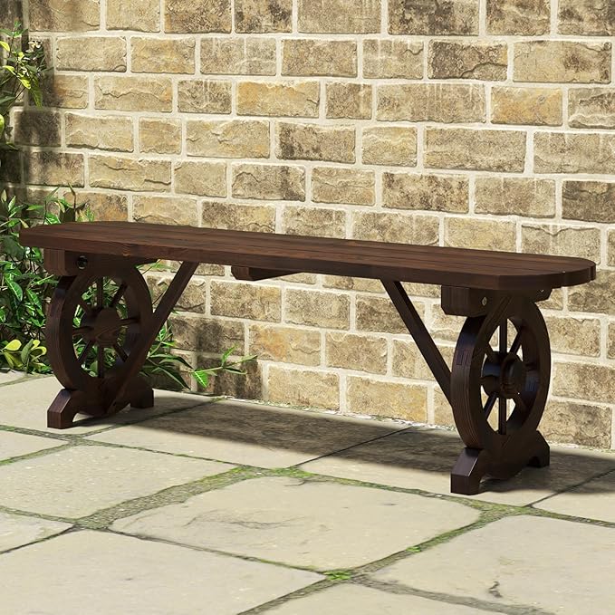 Tangkula Patio Rustic Wood Bench, Carbonized Wood Long Bench with Wagon Wheel Base, Slatted Seat Design, 2-Seat Dining Bench for Garden, Backyard, Porch, 710 LBS Max Load