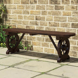 Tangkula Patio Rustic Wood Bench, Carbonized Wood Long Bench with Wagon Wheel Base, Slatted Seat Design - Photo 5