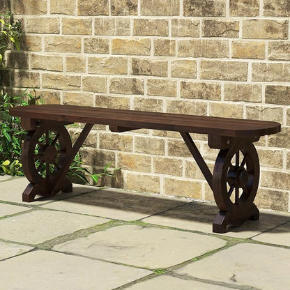 Tangkula Patio Rustic Wood Bench, Carbonized Wood Long Bench with Wagon Wheel Base, Slatted Seat Design, 2-Seat Dining Bench for Garden, Backyard, Porch, 710 LBS Max Load
