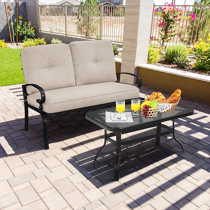 RELAX4LIFE Patio Loveseat with Coffee Table - 2-Piece Patio Conversation Sofa Set w/Backrest & Cushions, Modern Outdoor Glider Bench for Garden, Backyard, Poolside, Metal Porch Furniture (Beige)