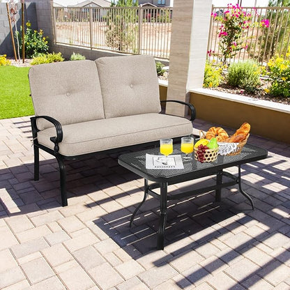 Giantex Patio Loveseat with Coffee Table Outdoor Bench with Cushion and Metal Frame, Loveseat Porch Furniture Set Sofa for Garden, Yard, Patio or Poolside (Light Beige & Black)