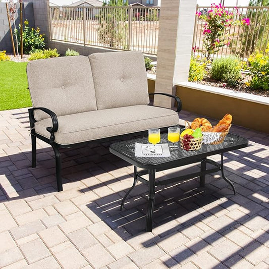 Giantex Patio Loveseat with Coffee Table Outdoor Bench with Cushion and Metal Frame, Loveseat Porch Furniture Set Sofa for Garden, Yard, Patio or Poolside (Light Beige & Black)