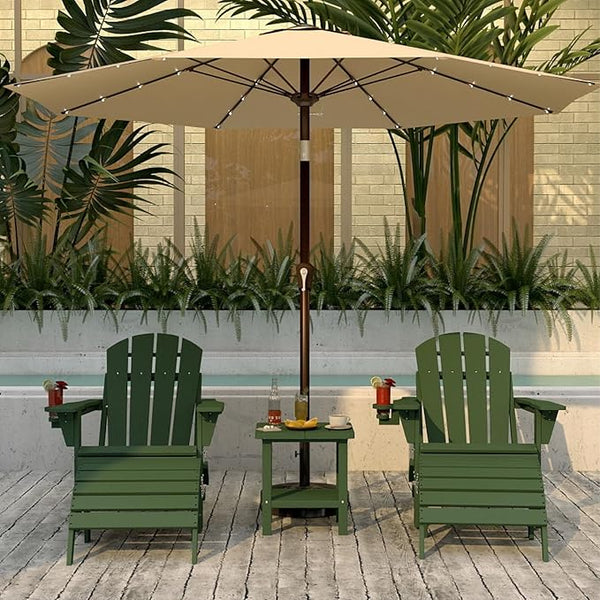 Green 6-Piece Folding Adirondack Chair Set with Cup Holders, Ottomans, Side Table & Beige 9FT Patio Umbrella with Base - Photo 1
