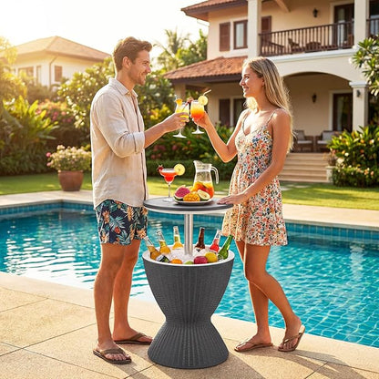 Giantex Outdoor Ice Cooler Side Table with Adjustable Height, 8 Gal Beverage Bucket with Drain Plug, Rattan Patio Bar Table for Poolside, Deck, BBQ & Backyard Parties