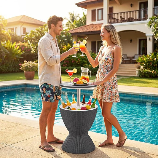 Giantex Outdoor Ice Cooler Side Table with Adjustable Height, 8 Gal Beverage Bucket with Drain Plug, Rattan Patio Bar Table for Poolside, Deck, BBQ & Backyard Parties